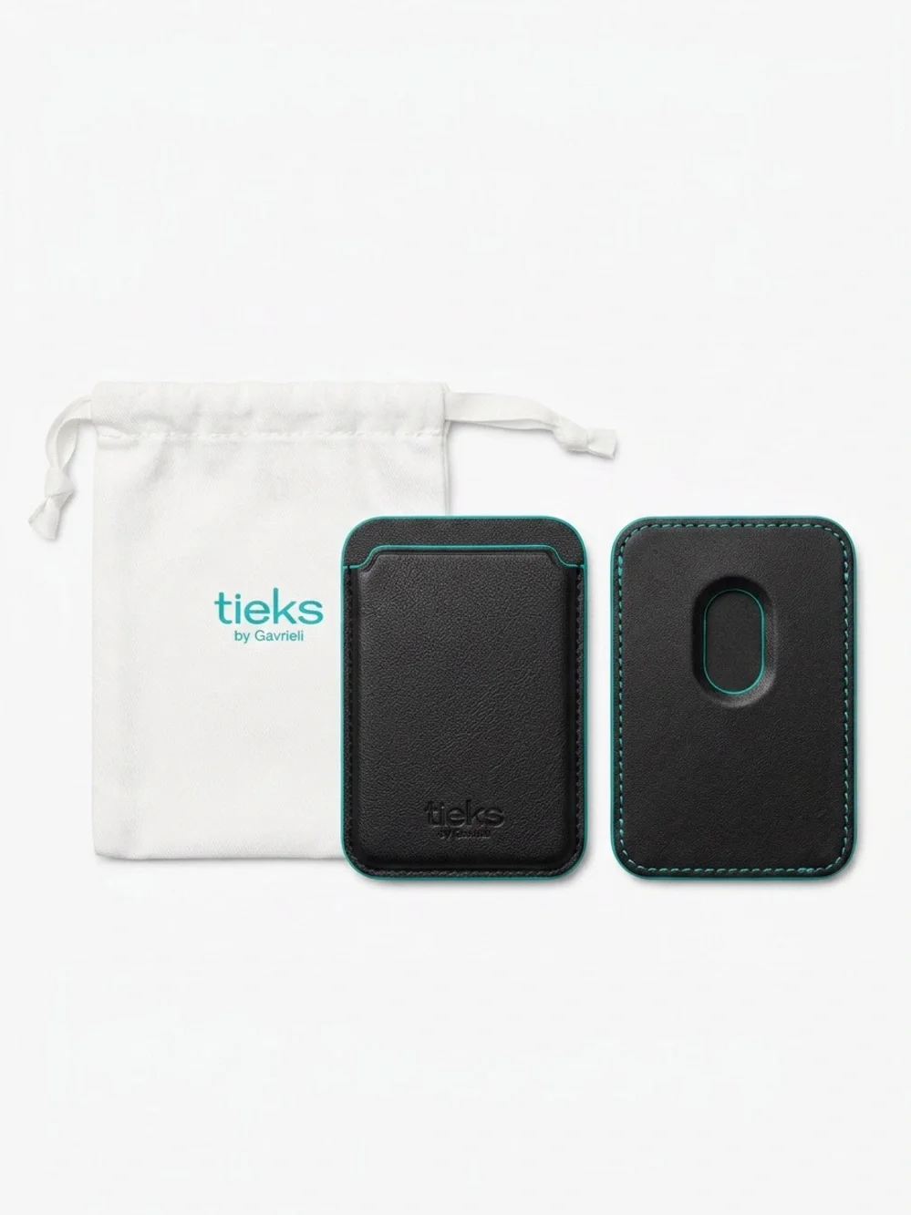 Tieks LE Black Leather Card Sleeve with Teal Trim for IPhone Android